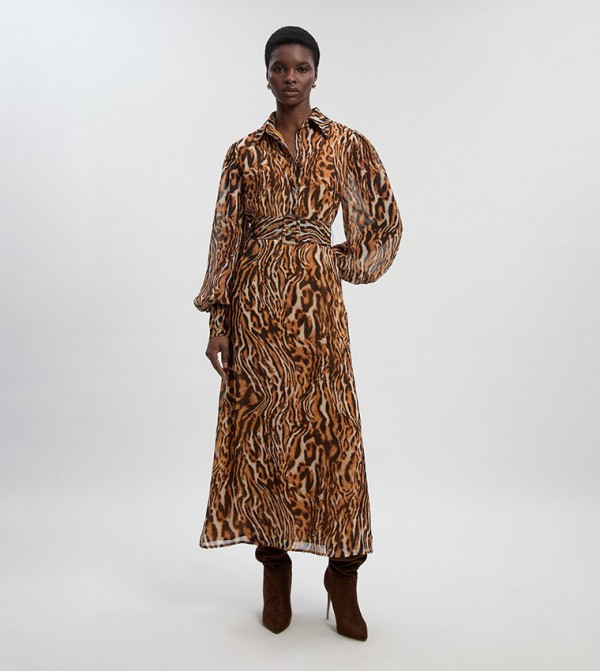 Petite Animal Print Georgette Belted Woven Shirt Dress
