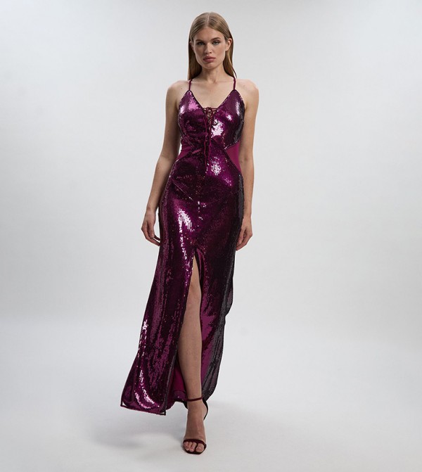 Petite Sequined Power Mesh Lace Up Front Split Maxi Party Dress