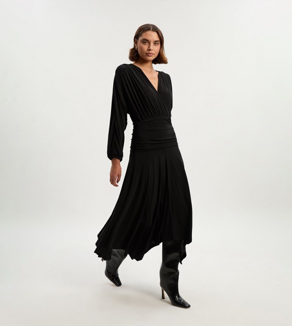 Drapey Crepe Ruched Plunge Neck Batwing Sleeves Maxi Dress