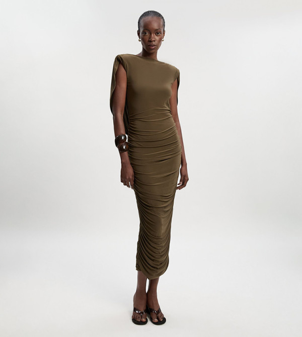 فستان ميدي كريب مرن بكشكش وظهر مكشوف