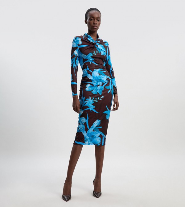 Floral Printed Crepe High Neck Midi Dress