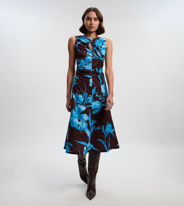 Floral Print Crepe Cut-Out Detail Maxi Dress