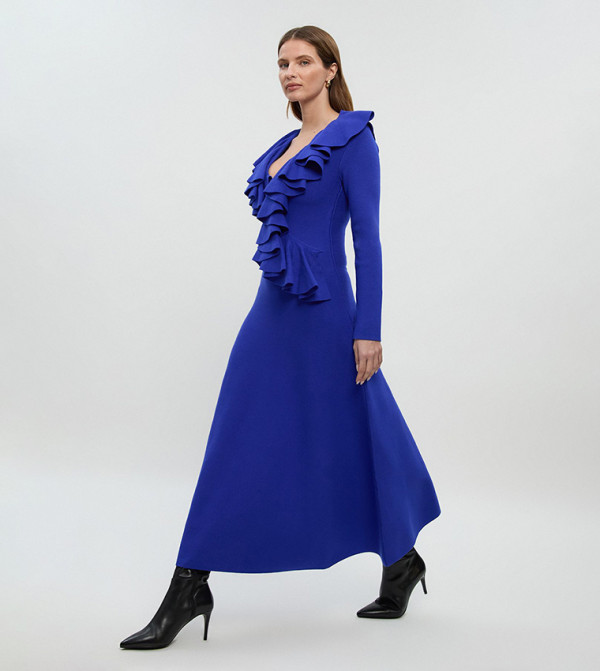 Compact Wool Look Ruffle V-Neck Midi Dress