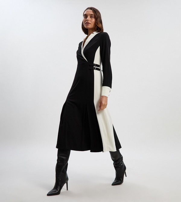 Tailored Crepe Buckle Waist Midi Dress