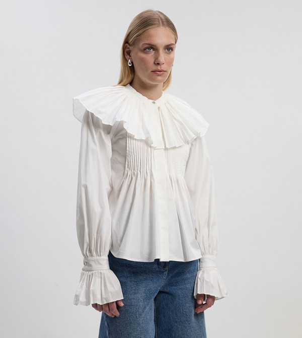 Cotton Poplin Pleat Detail Woven Top