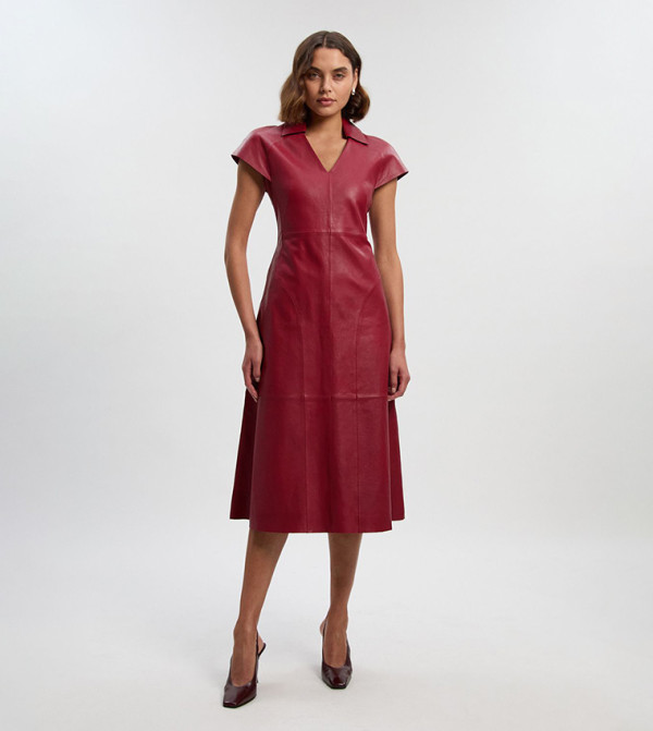 Leather Collared Tailored Midi Dress