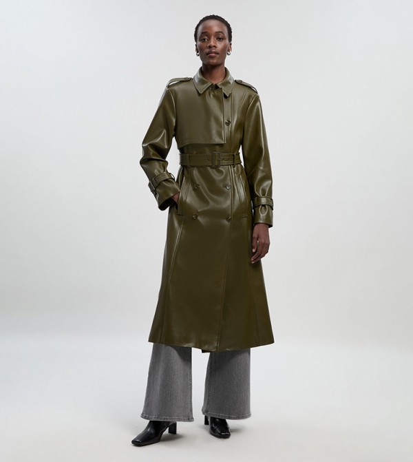 Faux Leather Belted Trench Coat