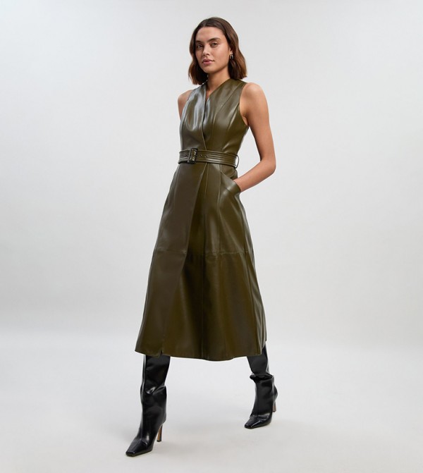 Faux Leather Belted Sleeveless Dress