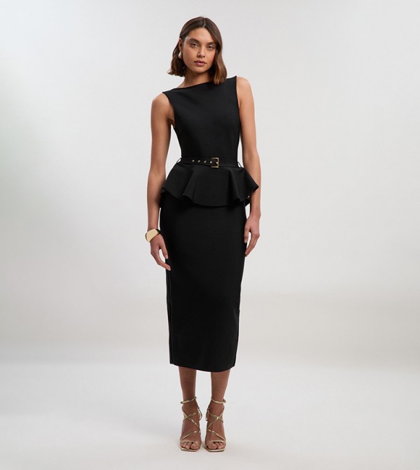 Figure Form Bandage Peplum Belted Pencil Knit Midi Dress
