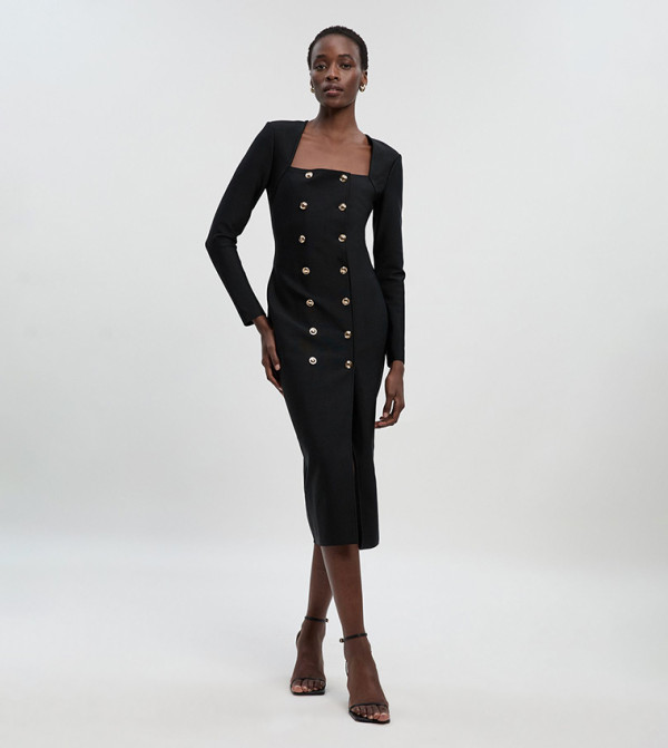 Figure Form Woven Military Button Blazer Knit Midi Dress