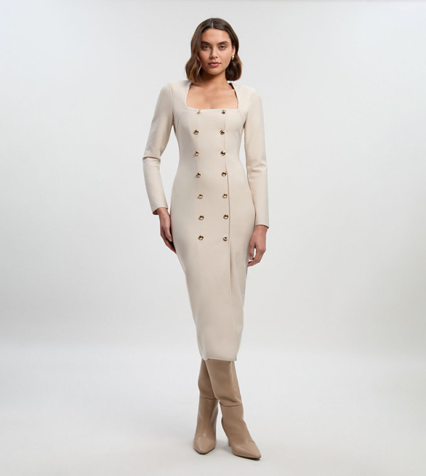 Figure Form Woven Mix Military Button Blazer Knit Midi Dress