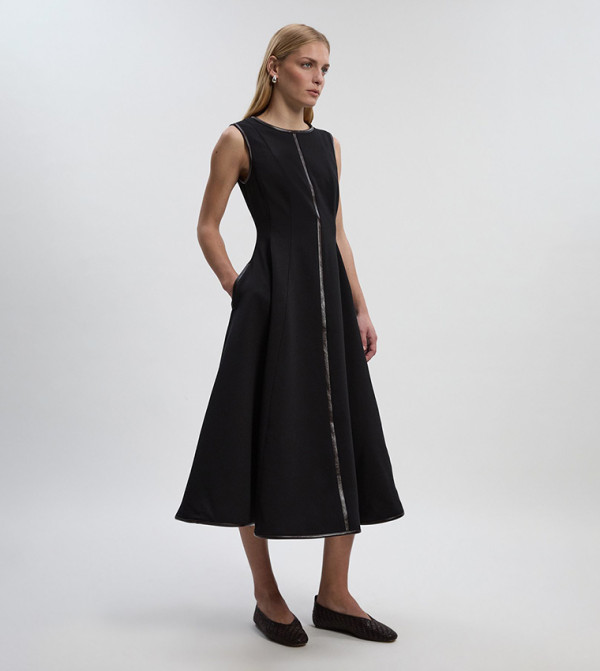 Compact Stretch PU Mix Sleeveless Full Skirted Midi Dress