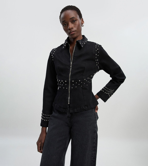 Placed Stud Zip-Through Collared Denim Jacket