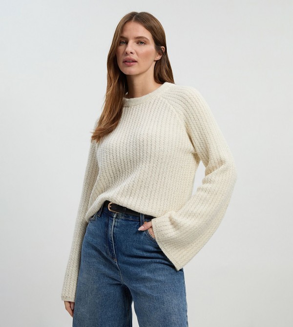 Sequined Knit Tie Bow Crew Neck Sweater