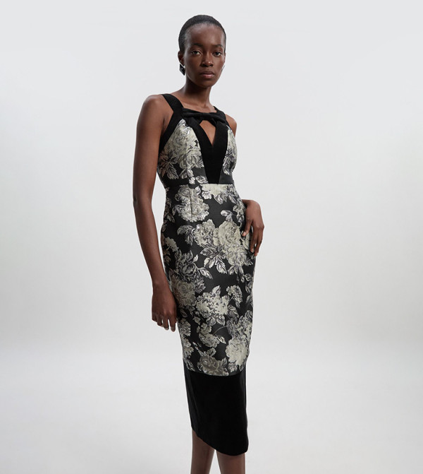 Velvet and Jacquard Contrast Strappy Tailored Midi Dress