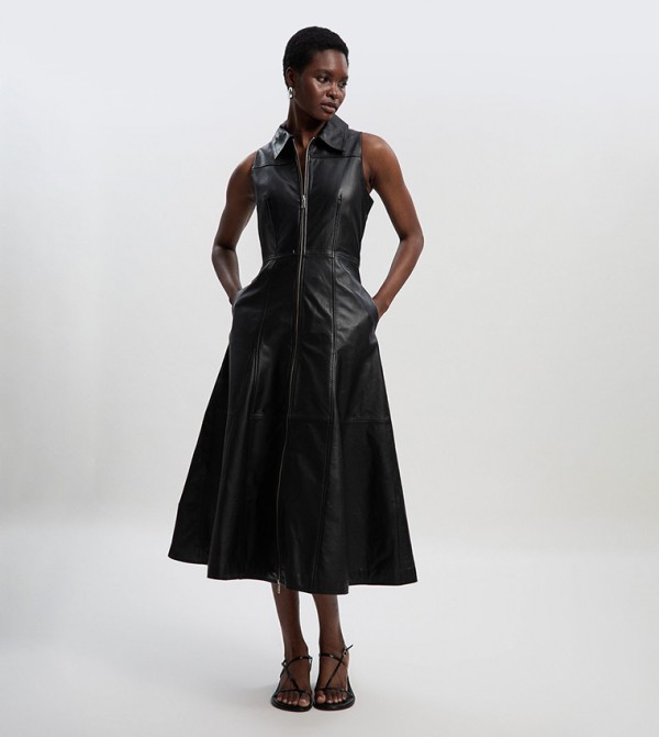 فستان ميدي جلد بسحاب 