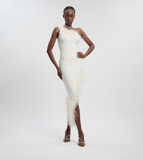 Feather Figure Form Bandage Knit Maxi Dress