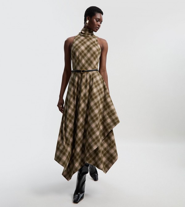 Petite Plaid Belted Tailored Full Midi Dress