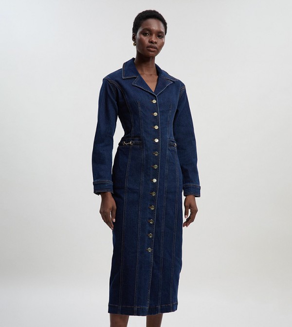 Collared Pencil Midi Denim Dress