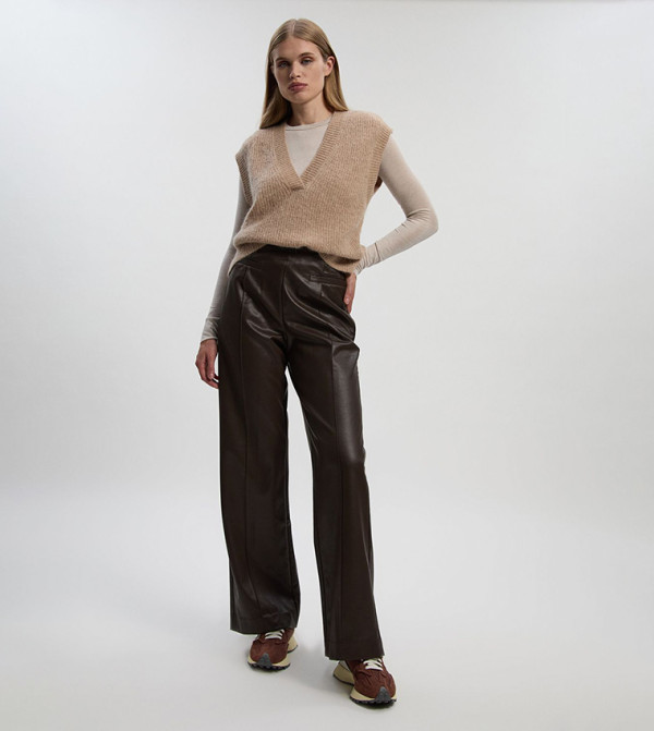 Faux Leather Seam Detail Wide Leg Tailored Trousers