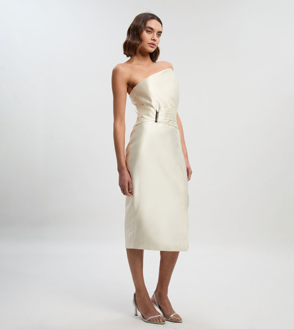 Satin Twill Trim Detail Structured Midi Dress