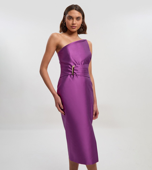 Satin Twill Trim Detail Structured Asymmetric Neck Midi Dress