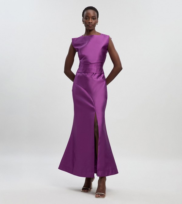 Satin Twill Draped Waist Structured Tailored Maxi Dress