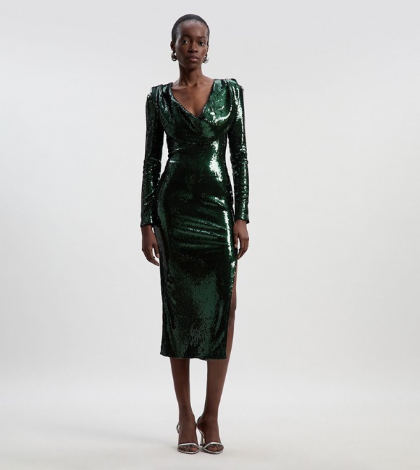 Sequined Plunge Strong Shoulder Long Sleeves Midi Party Dress