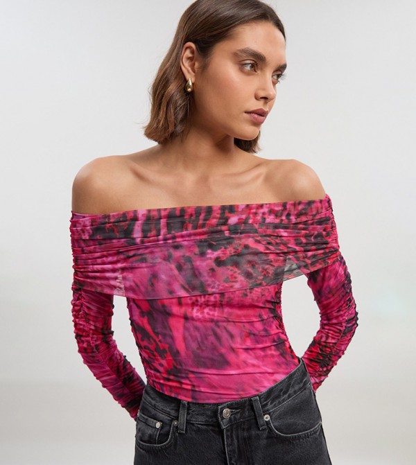 Animal Print Off Shoulder Ruched Bodysuit Top