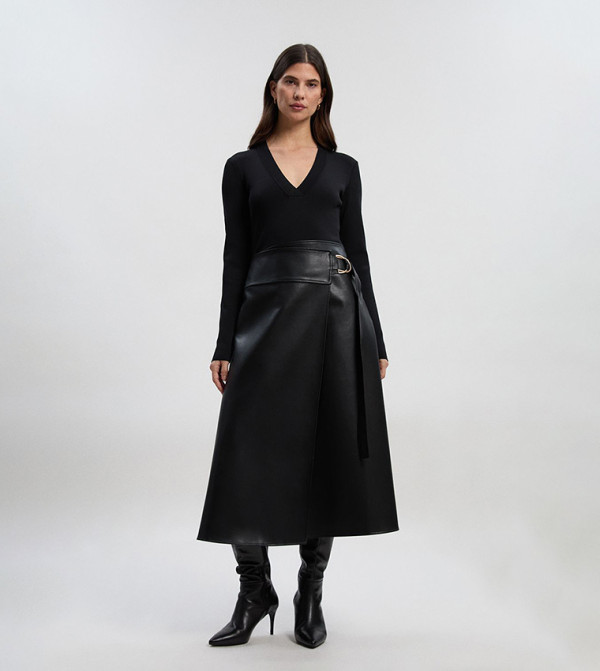 Petite Figure Form PU Mix Tab Detail Pleated Midi Dress