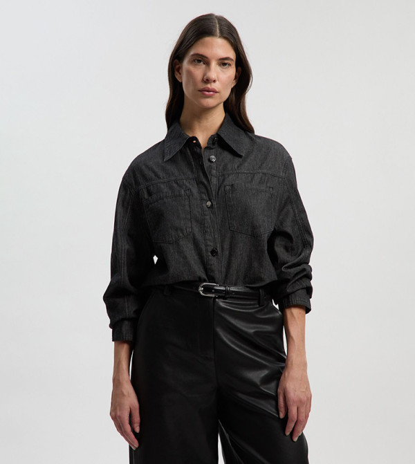 قميص جينز مغسول كم طويل