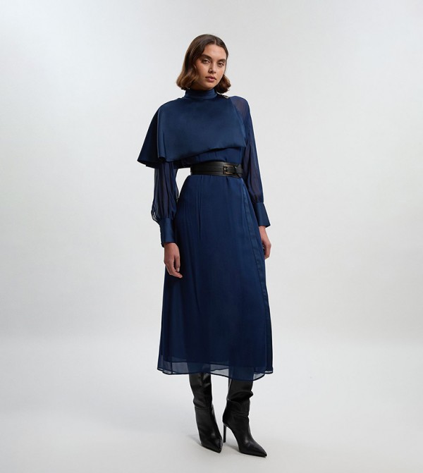 Military Sheer Cape Detail Woven Midi Dress