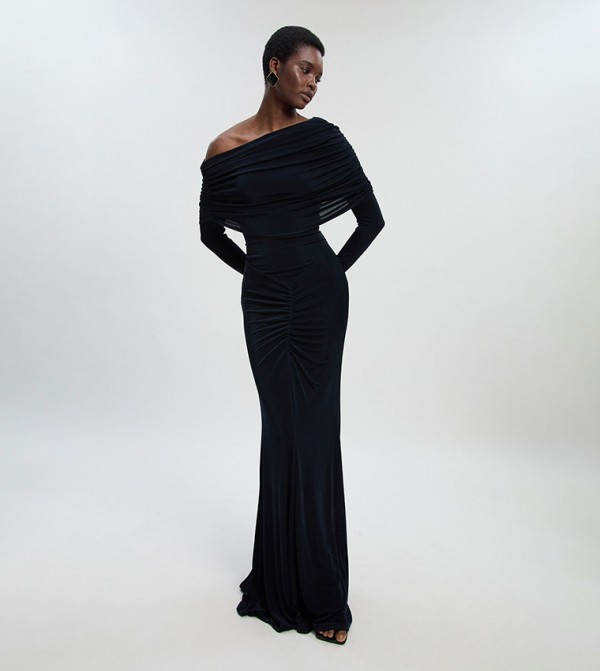 Drapey Crepe Off Shoulder Ruched Detail Fishtail Maxi Dress