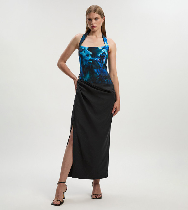 فستان ميدي بطبعة وياقة هالتر 