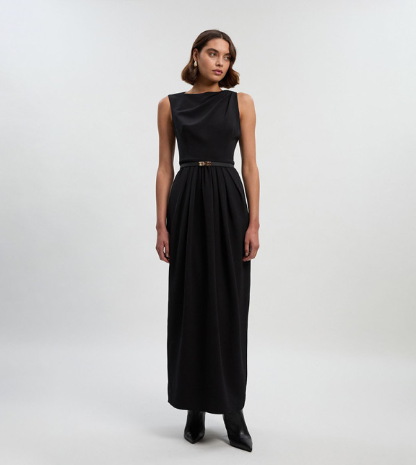 Solid Cowl Neck Tailored Maxi Dress