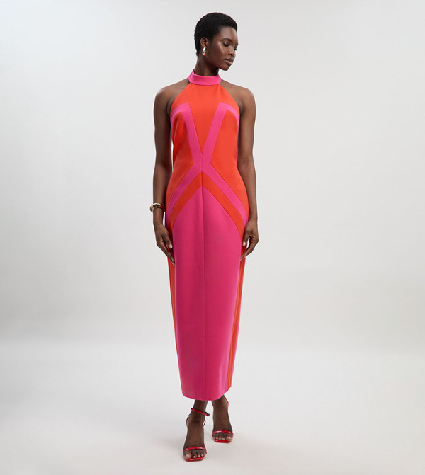 Compact Stretch Color Block Halterneck Midi Dress