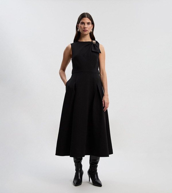 Compact Stretch Bow Tie Neck Trim Detail Midi Dress