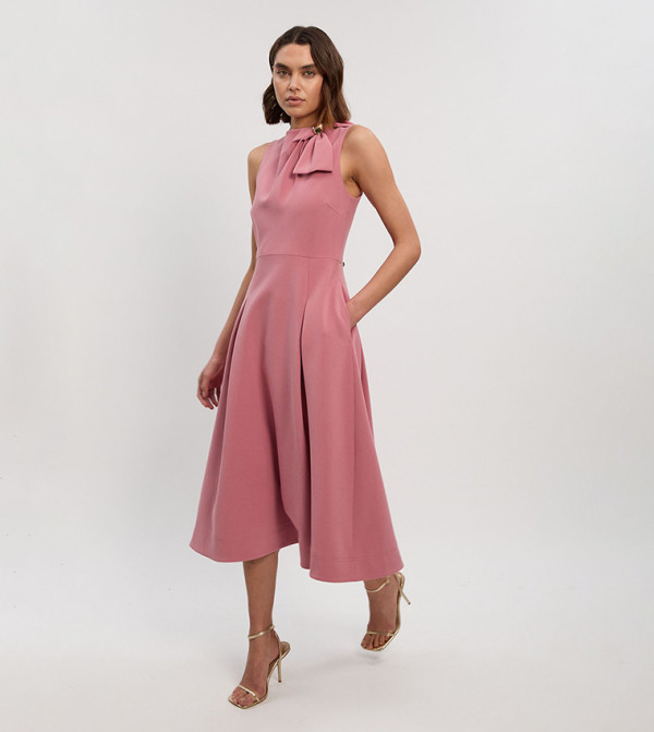 Compact Stretch Bow Tie Neck Trim Detail Midi Dress