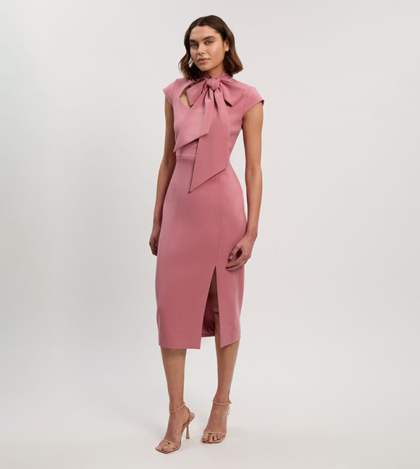Compact Stretch Bow Tie Neck Tailored Pencil Midi Dress
