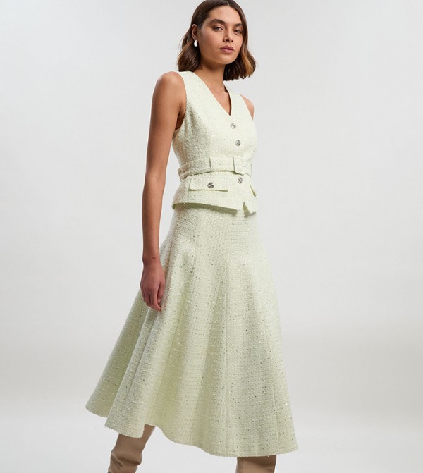 Boucle Tailored Sleeveless Satin Skirted Midi Dress