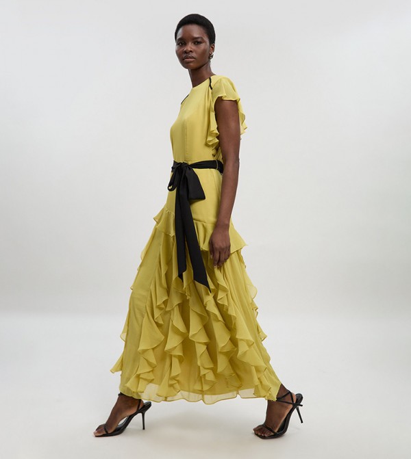 Ruffle Detail Chiffon Belted Woven Maxi Dress