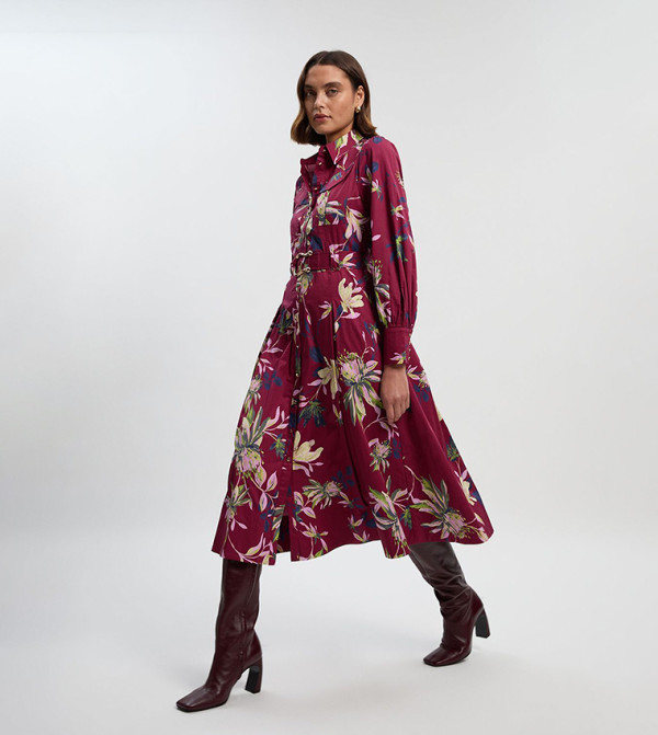 Floral Print Cotton Sateen Woven Midi Shirt Dress