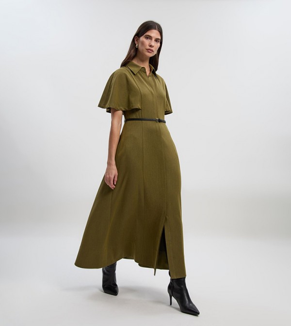 Twill Cape Sleeved Belted Shirt Woven Midi Dress