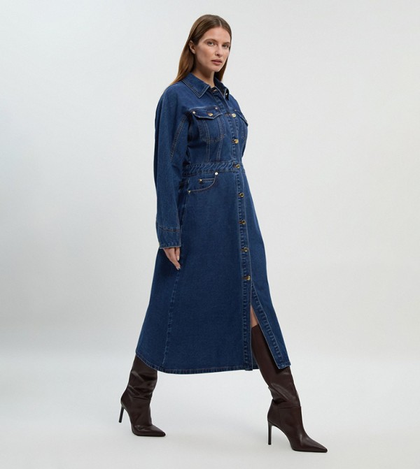 Button Front Long Sleeves Midi Shirt Denim Dress