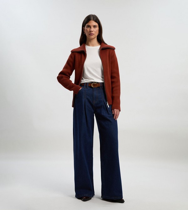 Washed Pleat Front Wide Leg Jeans