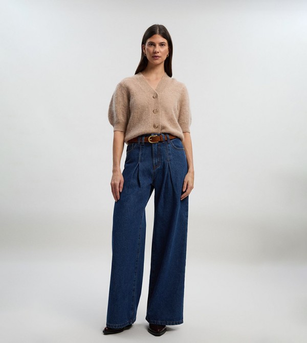 Washed Pleat Front Wide Leg Jeans