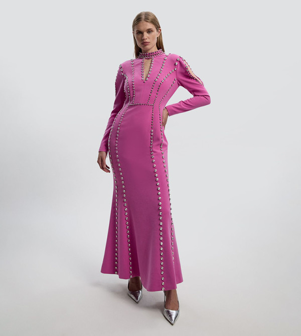 Crystal Embellished Woven Plunge Detail Maxi Party Dress