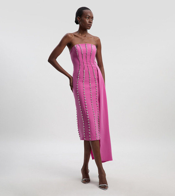 Crystal Embellished Woven Drape Detail Midi Party Dress