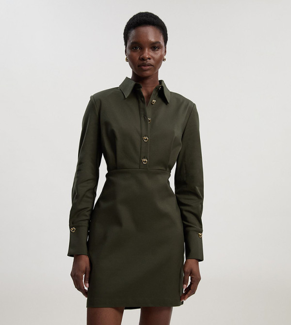 Techno Cotton Gold Hardware Detail Collared Woven Mini Dress