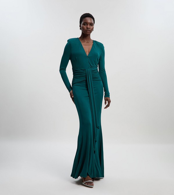 Premium Stretch Crepe Jersey V Neck Zip Detail Maxi Dress